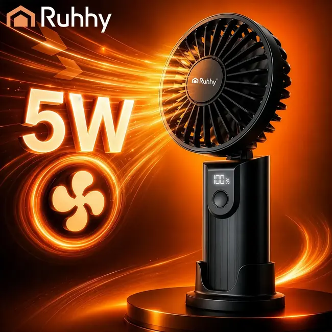 Ruhhy Mini handventilator zwart met USB-C, 2400 mAh accu, 4 standen en LED-display voor thuis en onderweg