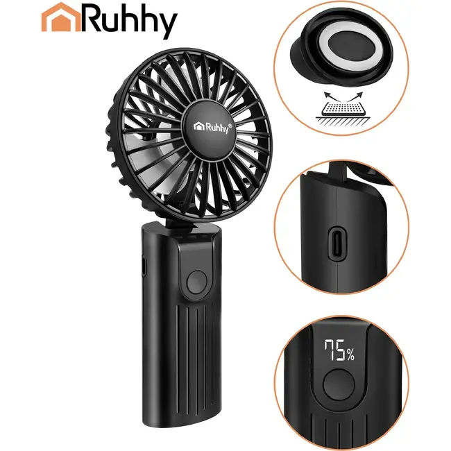 Ruhhy Mini handventilator zwart met USB-C, 2400 mAh accu, 4 standen en LED-display voor thuis en onderweg