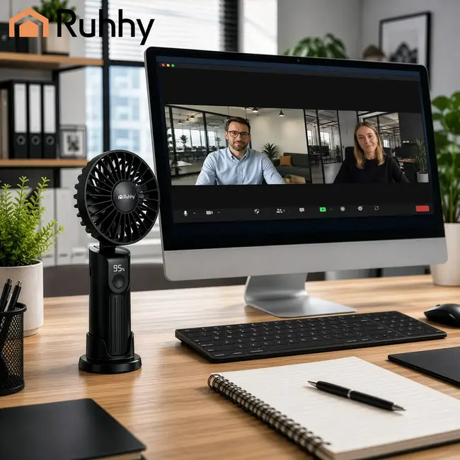 Ruhhy Mini handventilator zwart met USB-C, 2400 mAh accu, 4 standen en LED-display voor thuis en onderweg