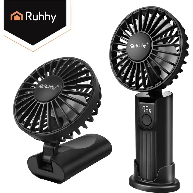 Ruhhy Mini handventilator zwart met USB-C, 2400 mAh accu, 4 standen en LED-display voor thuis en onderweg