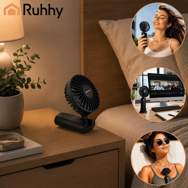 Ruhhy Mini handventilator zwart met USB-C, 2400 mAh accu, 4 standen en LED-display voor thuis en onderweg