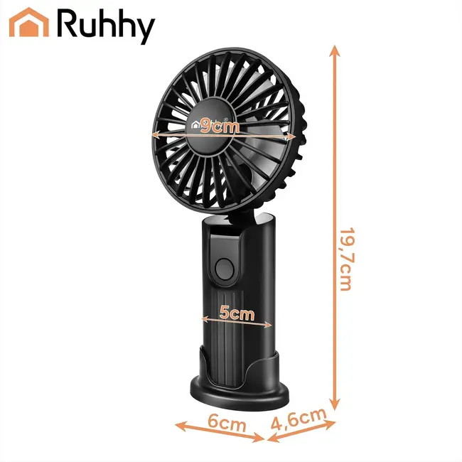 Ruhhy Mini handventilator zwart met USB-C, 2400 mAh accu, 4 standen en LED-display voor thuis en onderweg