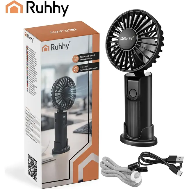 Ruhhy Mini handventilator zwart met USB-C, 2400 mAh accu, 4 standen en LED-display voor thuis en onderweg