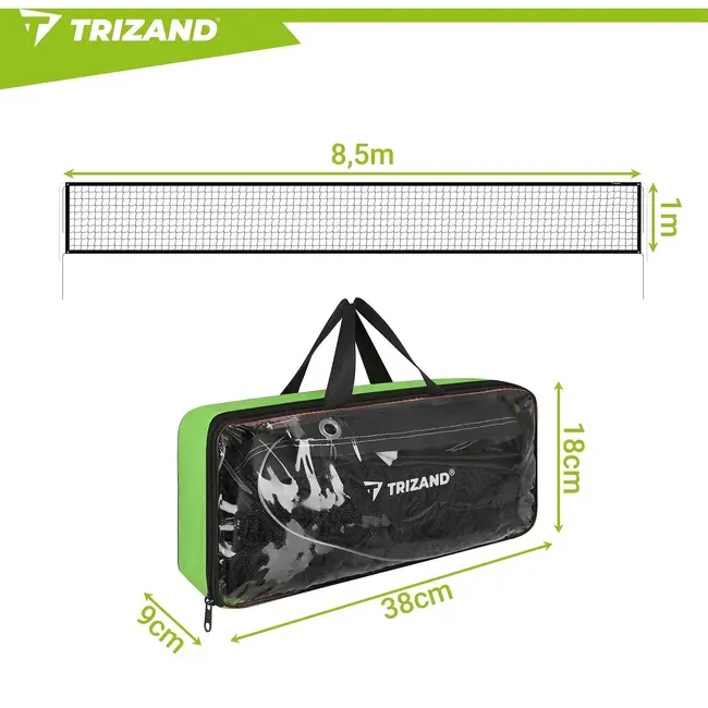 Trizand Volleybalnet 8,5 x 1 m met draagtas, stalen bovenkabel en bevestigingskoorden voor binnen en buiten