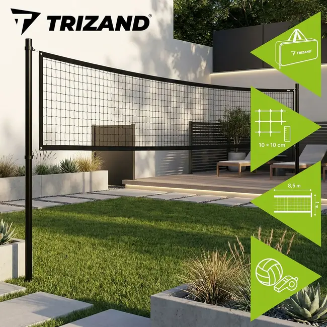 Trizand Volleybalnet 8,5 x 1 m met draagtas, stalen bovenkabel en bevestigingskoorden voor binnen en buiten