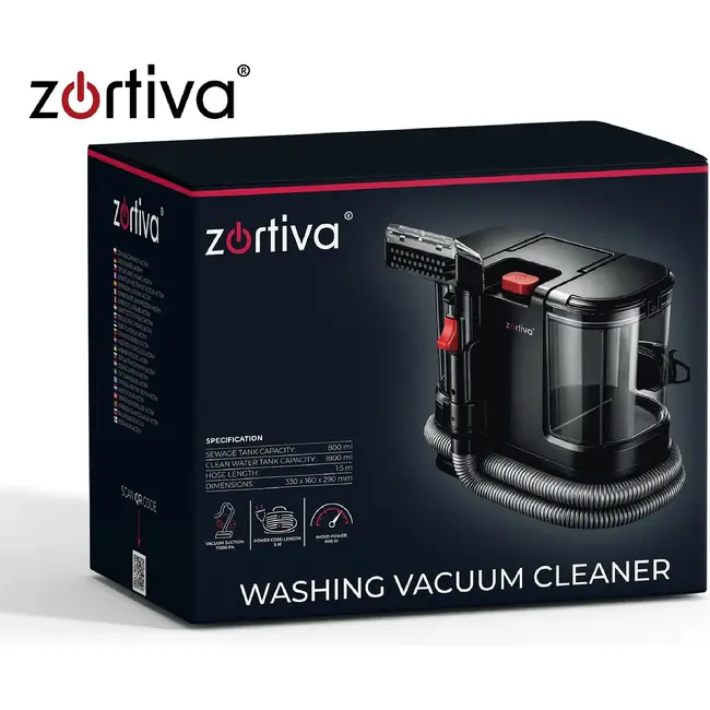 Zortiva Wasstofzuiger 800 W met 17.000 Pa, 1,8 L schoonwatertank en reiniging voor bekleding, tapijten en auto