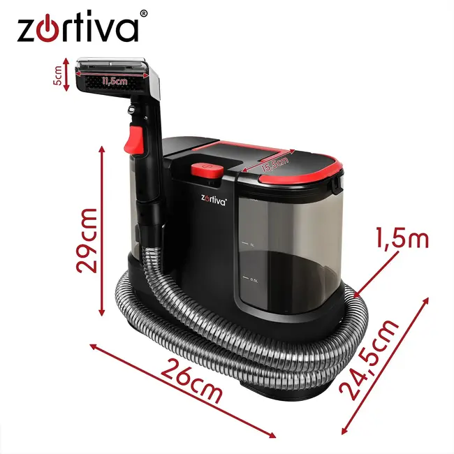 Zortiva Wasstofzuiger 800 W met 17.000 Pa, 1,8 L schoonwatertank en reiniging voor bekleding, tapijten en auto
