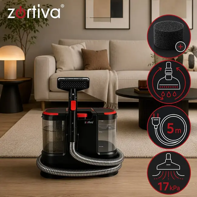 Zortiva Wasstofzuiger 800 W met 17.000 Pa, 1,8 L schoonwatertank en reiniging voor bekleding, tapijten en auto