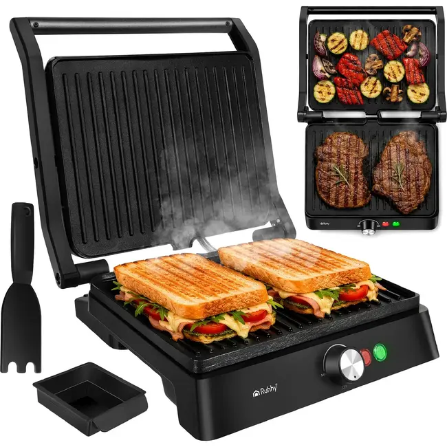 Ruhhy Elektrische contactgrill 2000 W met antiaanbaklaag, 180° tafelgrill, lekbak en temperatuurregeling