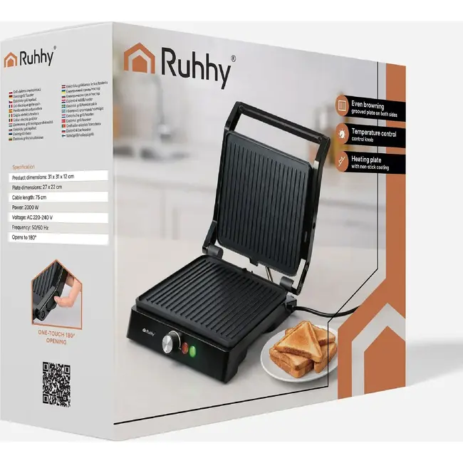 Ruhhy Elektrische contactgrill 2000 W met antiaanbaklaag, 180° tafelgrill, lekbak en temperatuurregeling