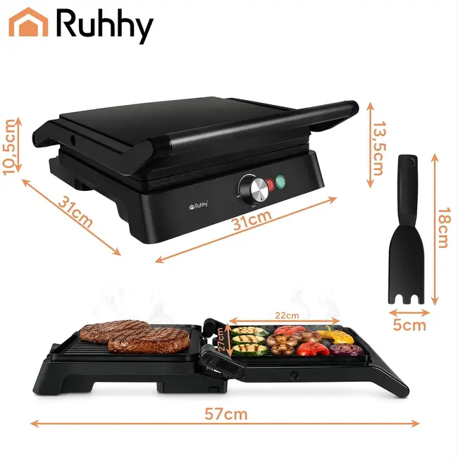Ruhhy Elektrische contactgrill 2000 W met antiaanbaklaag, 180° tafelgrill, lekbak en temperatuurregeling