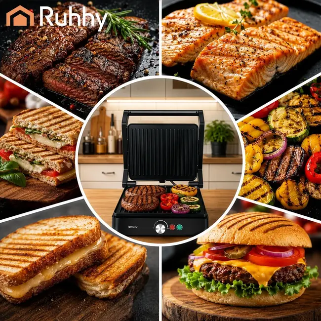 Ruhhy Elektrische contactgrill 2000 W met antiaanbaklaag, 180° tafelgrill, lekbak en temperatuurregeling