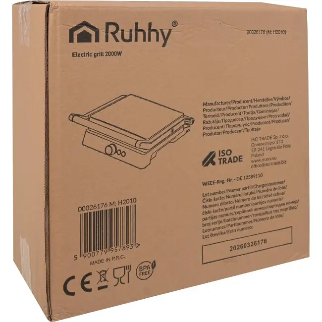 Ruhhy Elektrische contactgrill 2000 W met antiaanbaklaag, 180° tafelgrill, lekbak en temperatuurregeling