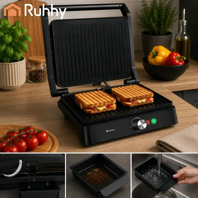 Ruhhy Elektrische contactgrill 2000 W met antiaanbaklaag, 180° tafelgrill, lekbak en temperatuurregeling
