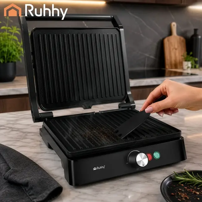 Ruhhy Elektrische contactgrill 2000 W met antiaanbaklaag, 180° tafelgrill, lekbak en temperatuurregeling