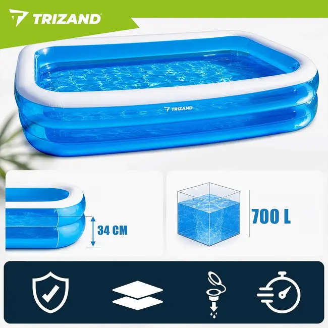 Trizand Opblaasbaar zwembad 262 x 175 x 50 cm met 700 l inhoud en 5 reparatiepleisters voor de tuin