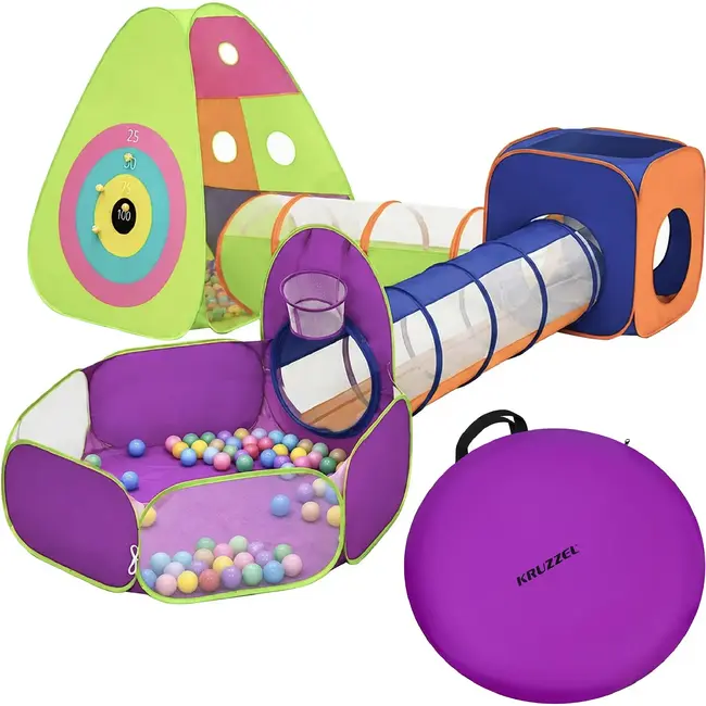Kruzzel 5-in-1 kindertent met 3 tenten, 2 tunnels, 100 ballen en schietschijf voor binnen en buiten