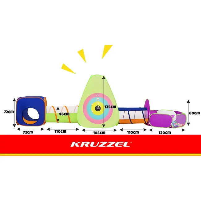 Kruzzel 5-in-1 kindertent met 3 tenten, 2 tunnels, 100 ballen en schietschijf voor binnen en buiten