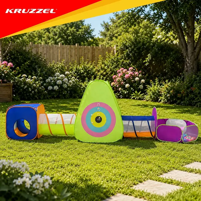 Kruzzel 5-in-1 kindertent met 3 tenten, 2 tunnels, 100 ballen en schietschijf voor binnen en buiten