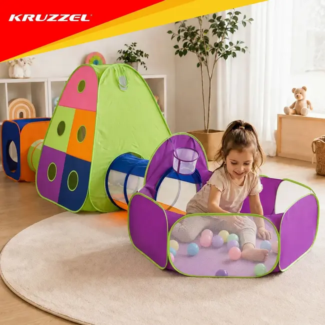 Kruzzel 5-in-1 kindertent met 3 tenten, 2 tunnels, 100 ballen en schietschijf voor binnen en buiten