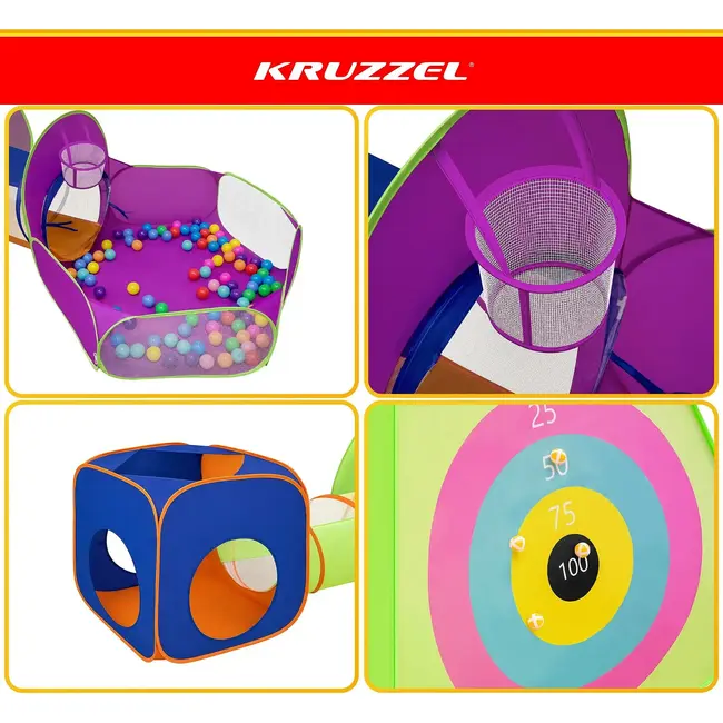Kruzzel 5-in-1 kindertent met 3 tenten, 2 tunnels, 100 ballen en schietschijf voor binnen en buiten