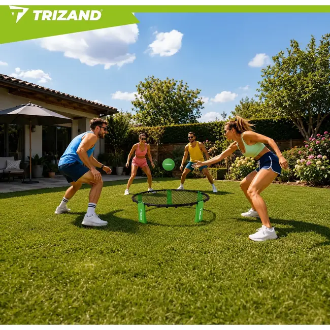 Trizand Roundnet speelset 90 cm met 3 ballen, pomp en draagtas voor tuin, strand en park