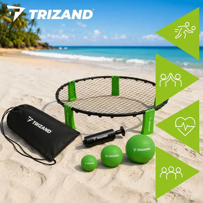 Trizand Roundnet speelset 90 cm met 3 ballen, pomp en draagtas voor tuin, strand en park