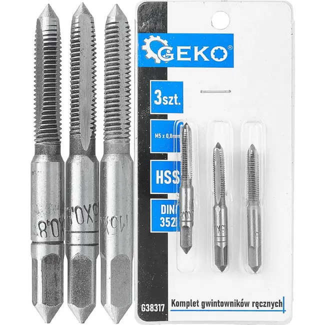 GEKO Handtapset M5 x 0,8 mm van HSS staal 3-delige set volgens DIN 352 voor nauwkeurig snijden van binnendraad