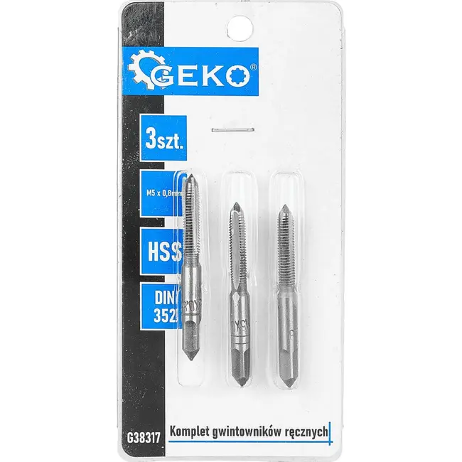 GEKO Handtapset M5 x 0,8 mm van HSS staal 3-delige set volgens DIN 352 voor nauwkeurig snijden van binnendraad