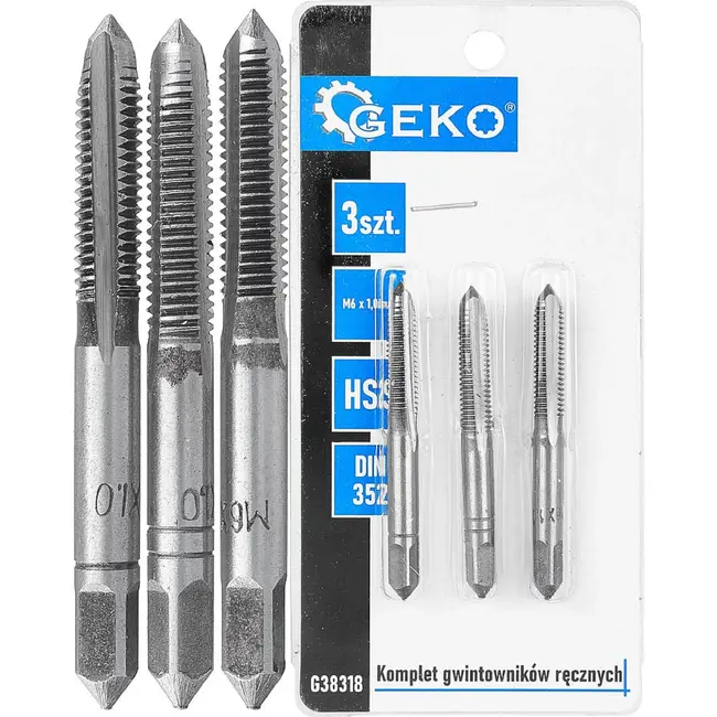 GEKO Handtapset M6 x 1,0 mm van HSS staal 3-delige set volgens DIN 352 voor nauwkeurig snijden van binnendraad