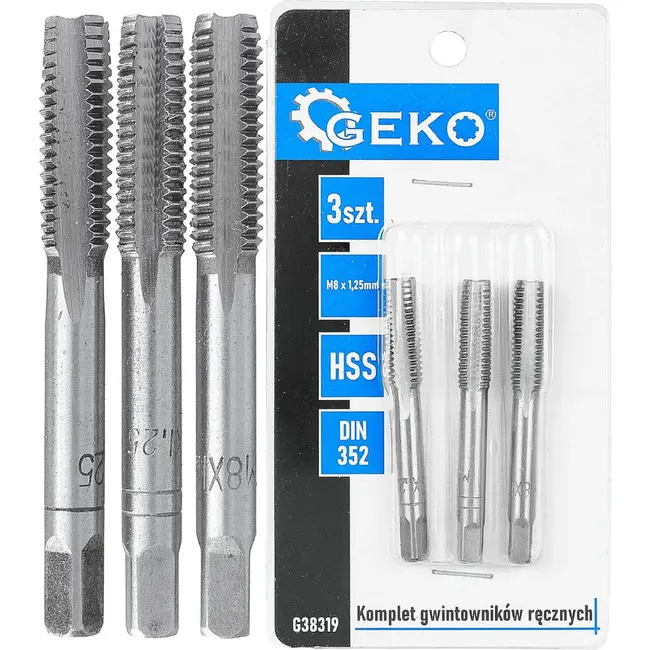 GEKO Handtapset M8 x 1,25 mm van HSS staal 3-delige set volgens DIN 352 voor nauwkeurig snijden van binnendraad