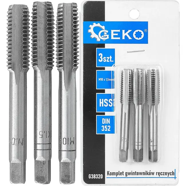 GEKO Handtapset M10 x 1,5 mm van HSS staal 3-delige set volgens DIN 352 voor nauwkeurig snijden van binnendraad