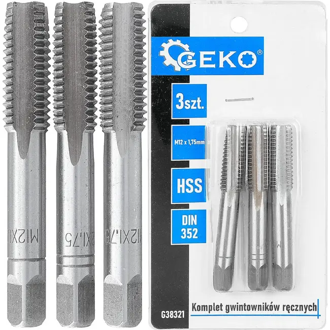 GEKO Handtapset M10 x 1,5 mm van HSS staal 3-delige set volgens DIN 352 voor nauwkeurig snijden van binnendraad