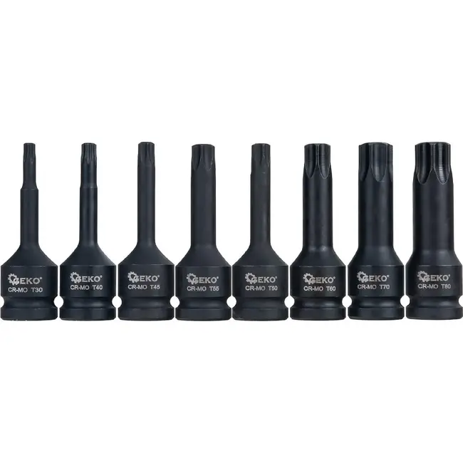 GEKO TORX Slagdoppenset 1/2 Inch 8-delig CR-MO met Maten T30 T40 T45 T50 T55 T60 T70 en T80
