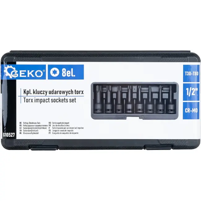 GEKO TORX Slagdoppenset 1/2 Inch 8-delig CR-MO met Maten T30 T40 T45 T50 T55 T60 T70 en T80