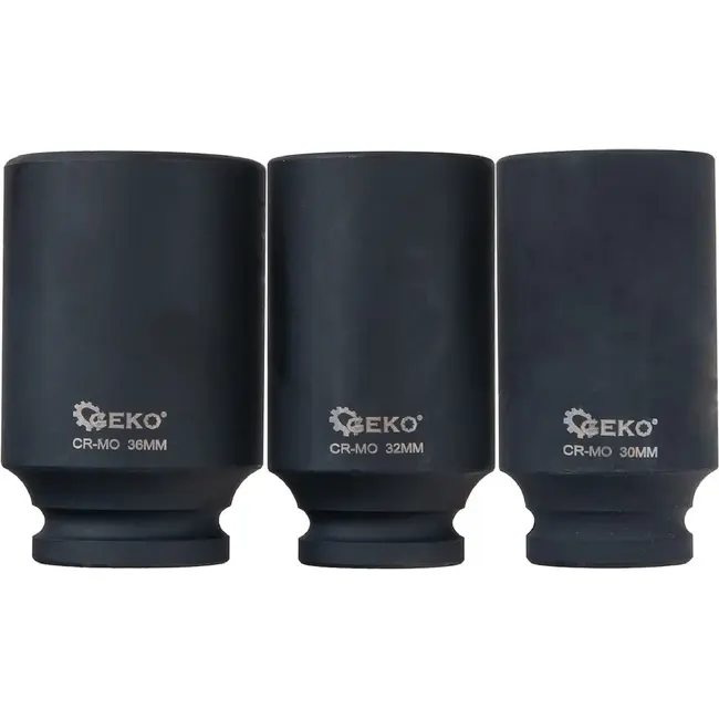 GEKO Slagdoppenset 1/2 Inch 3-delig CR-MO met 12-kant Slagdoppen 30 32 en 36 mm in Opbergkoffer