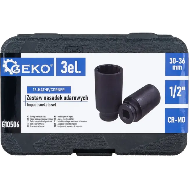 GEKO Slagdoppenset 1/2 Inch 3-delig CR-MO met 12-kant Slagdoppen 30 32 en 36 mm in Opbergkoffer
