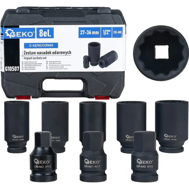 GEKO Slagdoppenset 1/2 Inch 8-delig CR-MO met 12-kant Doppen 27-36 mm en HEX H14 H17 H19