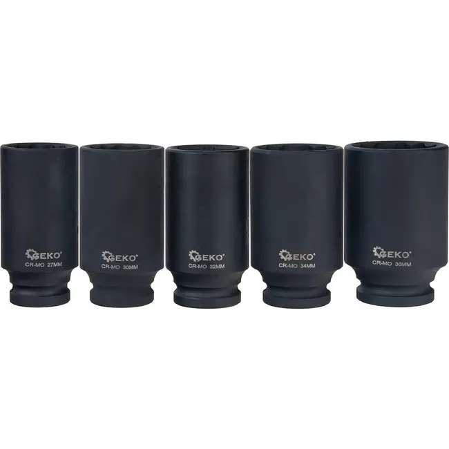 GEKO Slagdoppenset 1/2 Inch 8-delig CR-MO met 12-kant Doppen 27-36 mm en HEX H14 H17 H19