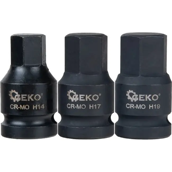 GEKO Slagdoppenset 1/2 Inch 8-delig CR-MO met 12-kant Doppen 27-36 mm en HEX H14 H17 H19