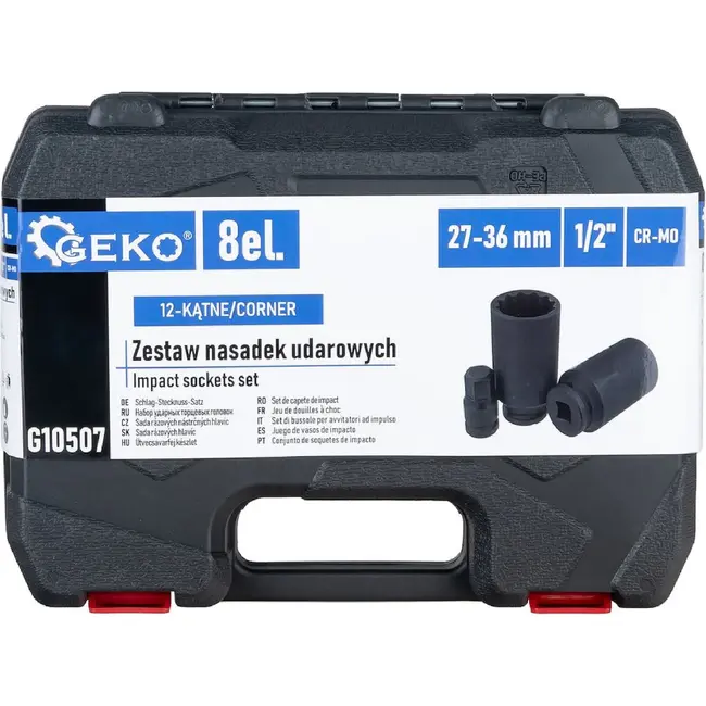 GEKO Slagdoppenset 1/2 Inch 8-delig CR-MO met 12-kant Doppen 27-36 mm en HEX H14 H17 H19