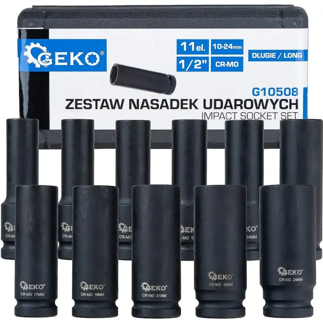 GEKO Lange Slagdoppenset 1/2 Inch CR-MO 11-delig met Maten 10 t/m 24 mm voor Slagmoersleutels