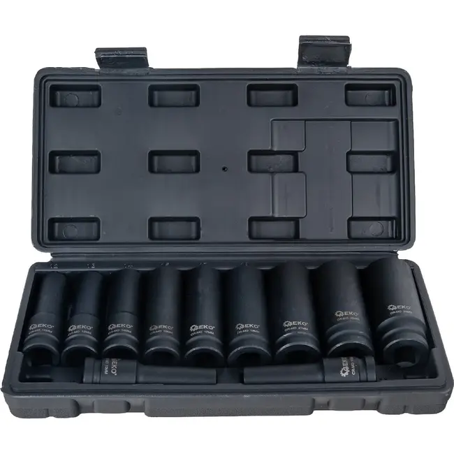GEKO Lange Slagdoppenset 1/2 Inch CR-MO 11-delig met Maten 10 t/m 24 mm voor Slagmoersleutels