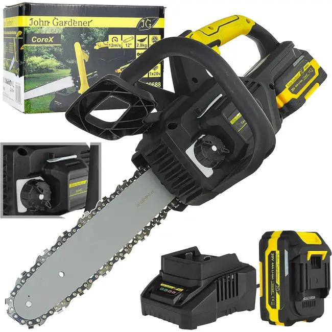 John Gardener Accu kettingzaag 20 V 305 mm met borstelloze motor, 4,0 Ah accu en oplader inbegrepen