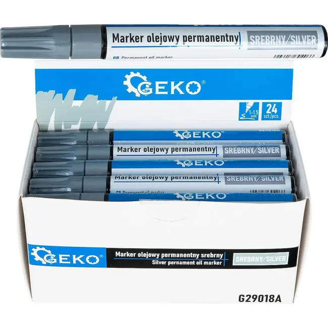 GEKO Zilveren permanente olie marker 1-1,5 mm displaydoos met 24 stuks voor metaal hout glas en kunststof