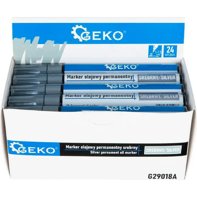 GEKO Zilveren permanente olie marker 1-1,5 mm displaydoos met 24 stuks voor metaal hout glas en kunststof