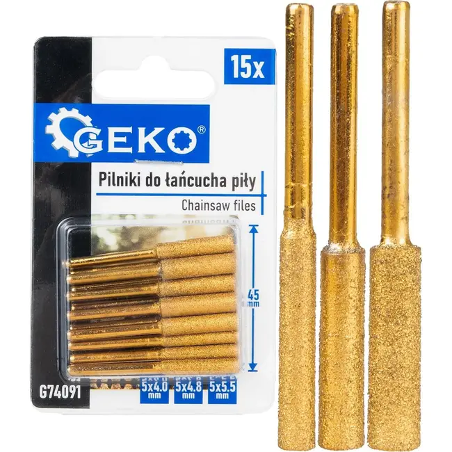 GEKO 15-delige diamantvijlenset voor kettingzaag met 4,0 4,8 en 5,5 mm slijpvijlen van 45 mm