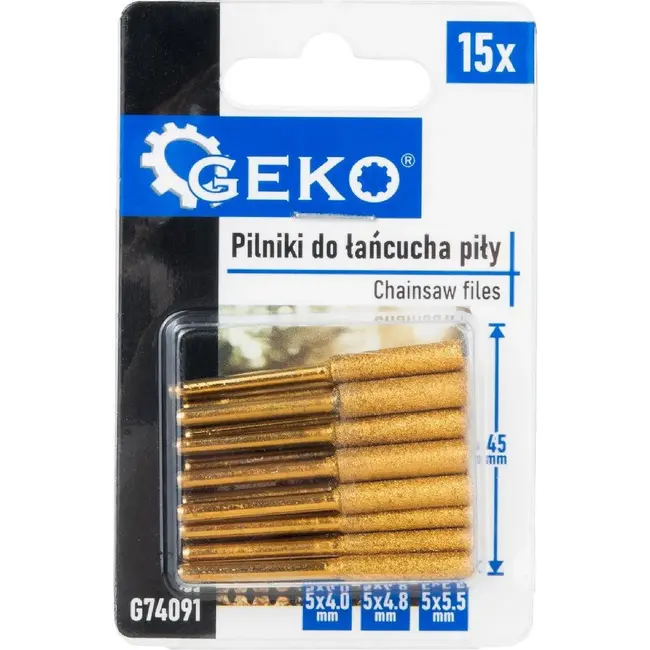 GEKO 15-delige diamantvijlenset voor kettingzaag met 4,0 4,8 en 5,5 mm slijpvijlen van 45 mm