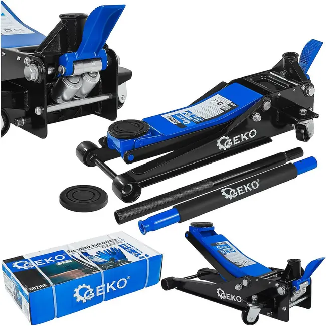 GEKO Lage hydraulische garagekrik 3 ton met dubbele pomp, voetpedaal en hefbereik van 75-505 mm