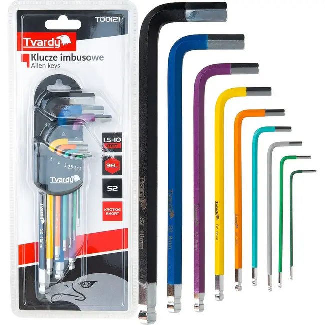 Tvardy 9-delige inbussleutelset van S2 gereedschapsstaal met kogelkop, kleurcodering en organizer 1,5 tot 10 mm